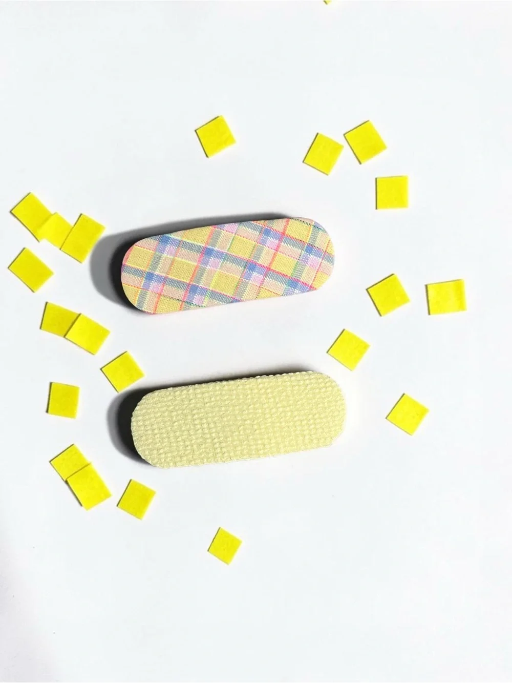 Handmade Pastel Plaid & Yellow Fabric Snap Hair Clips Set (2 Pc)